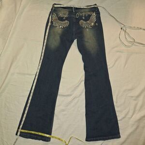 Size SMALL Unique Fun Stretchy Flare Jeans with angel wing Faux Pockets